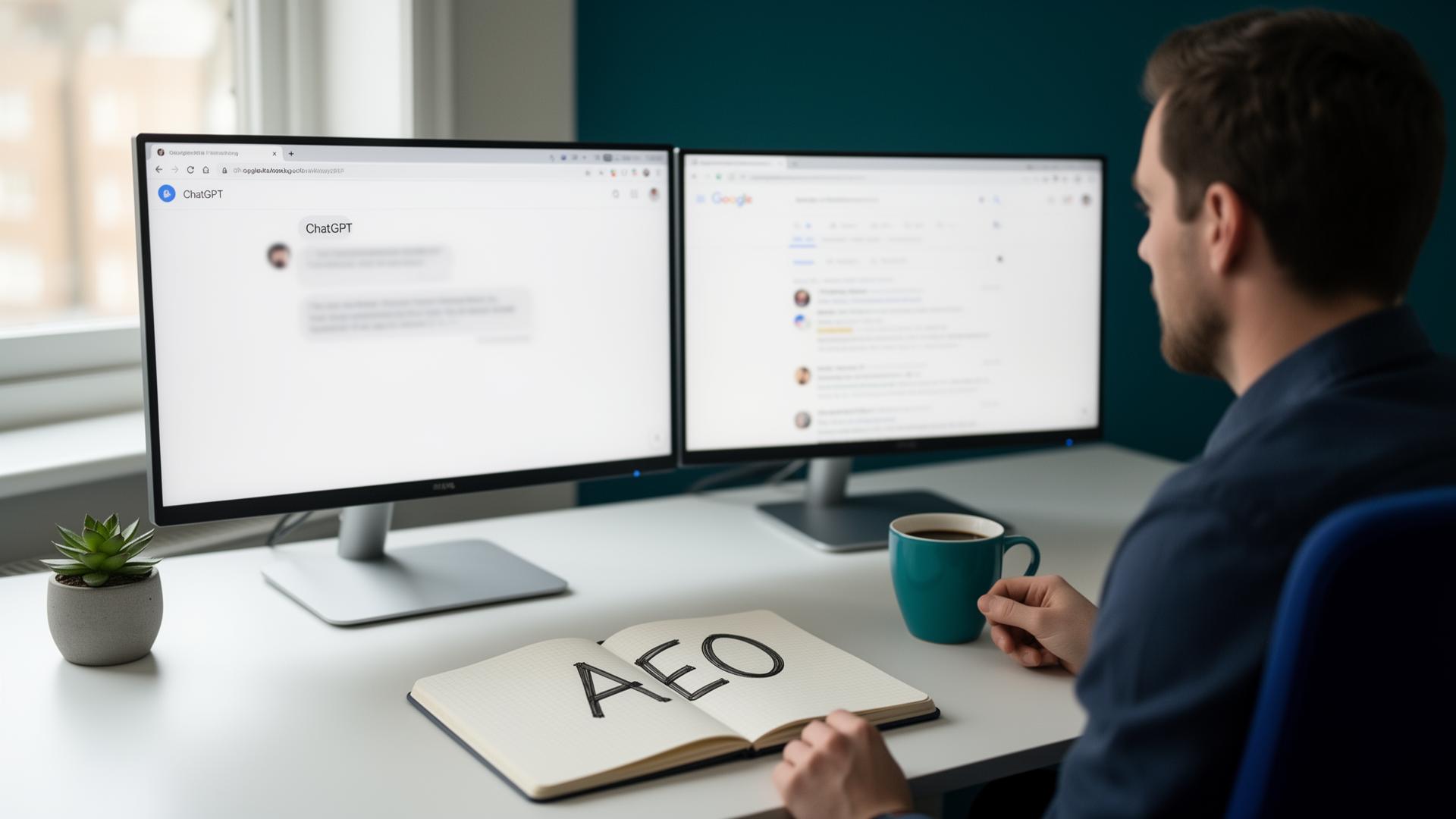 UK marketing consultant at a desk with two monitors showing ChatGPT and Google side by side