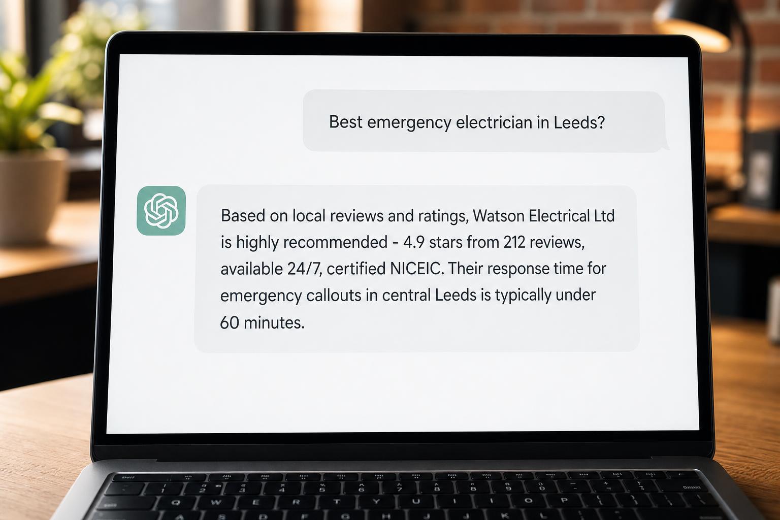 Close-up of a laptop screen with a ChatGPT answer recommending a local electrician by name