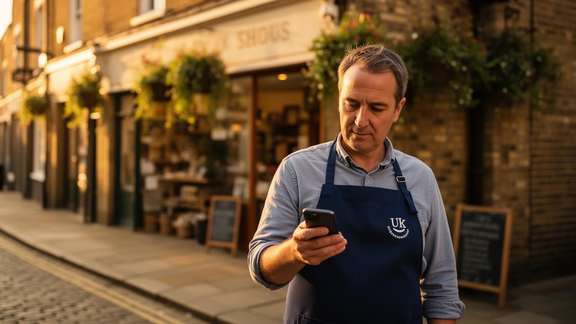 UK shop owner in a navy apron checking their phone outside their independent high-street shop