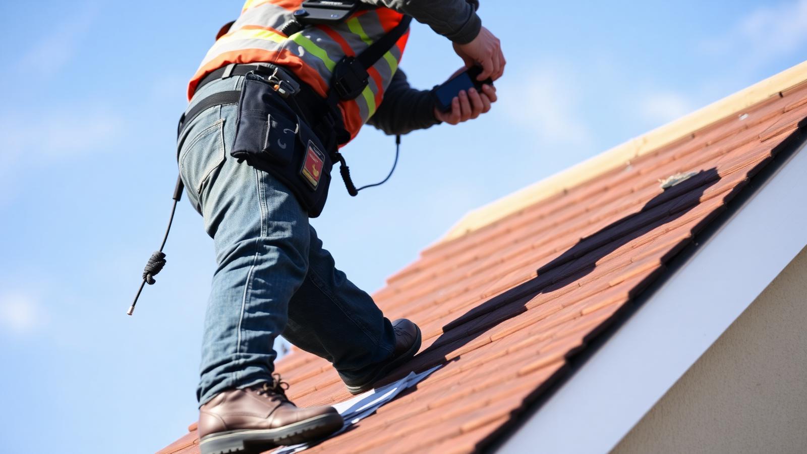 UK tradesperson on a tiled roof checking a ringing phone