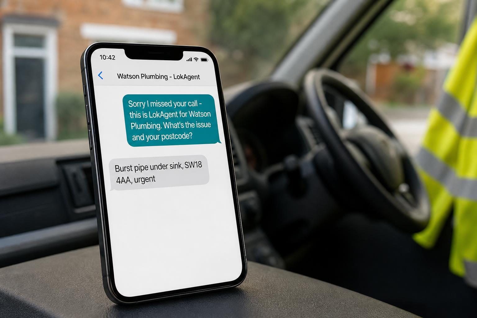 Phone on a UK work van dashboard showing a LokAgent text-back conversation with a customer