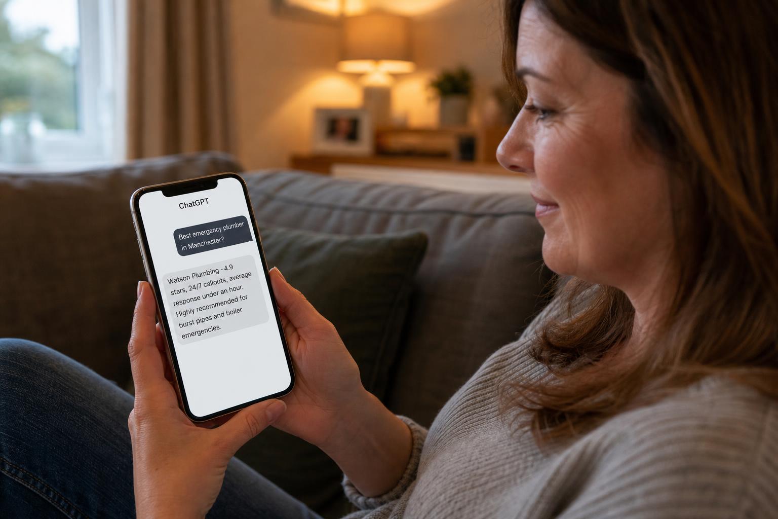 UK homeowner reading a ChatGPT recommendation for a local plumber on her phone at home