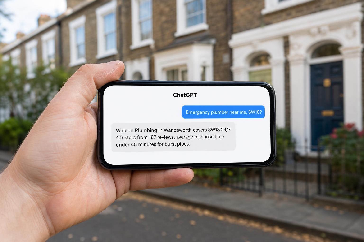 Phone showing a ChatGPT answer recommending Watson Plumbing for an SW18 emergency callout