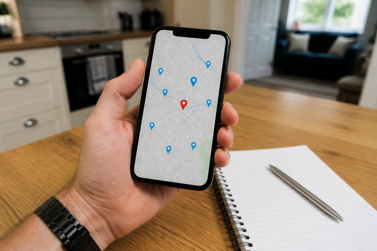 Hand holding a phone showing a map of local business pins at a kitchen table