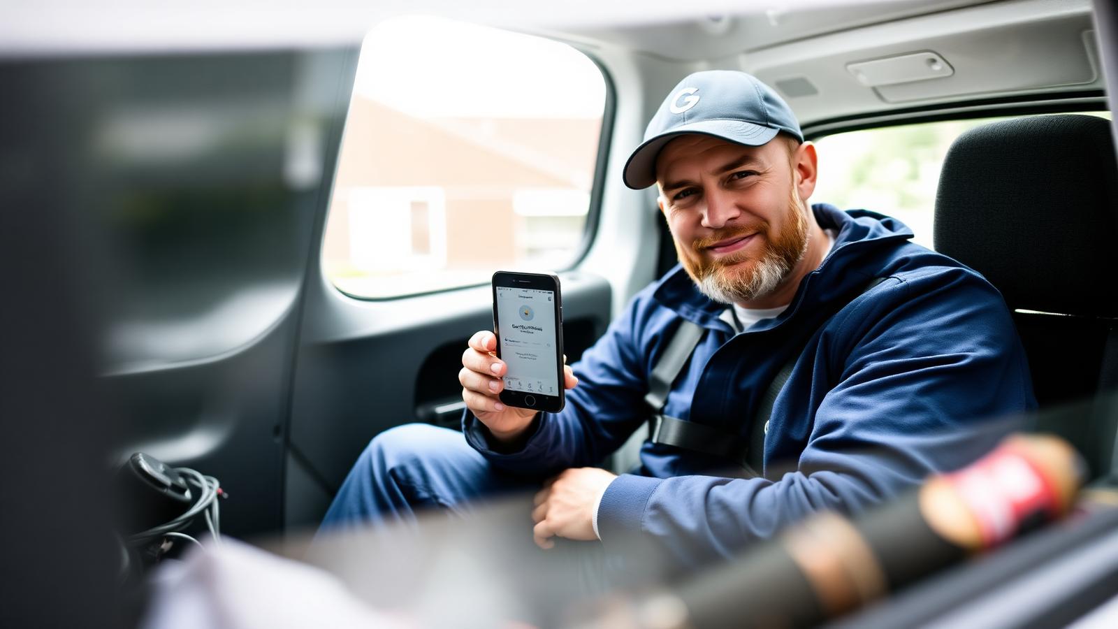 UK electrician in his work van checking Google reviews on a smartphone
