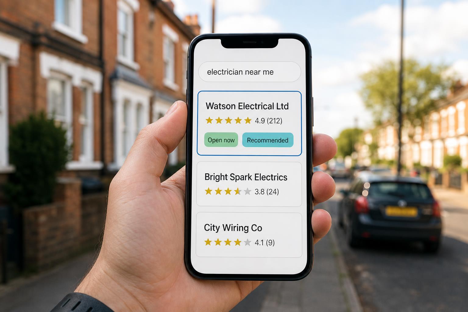 Hand holding a phone on a UK street, showing Google Maps results for 'electrician near me'