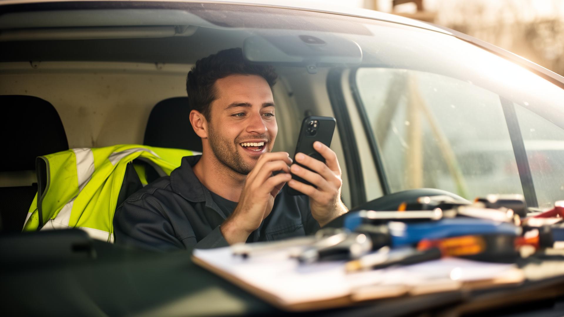 UK tradesperson sitting in his van, speaking into his phone to ask an AI assistant a question
