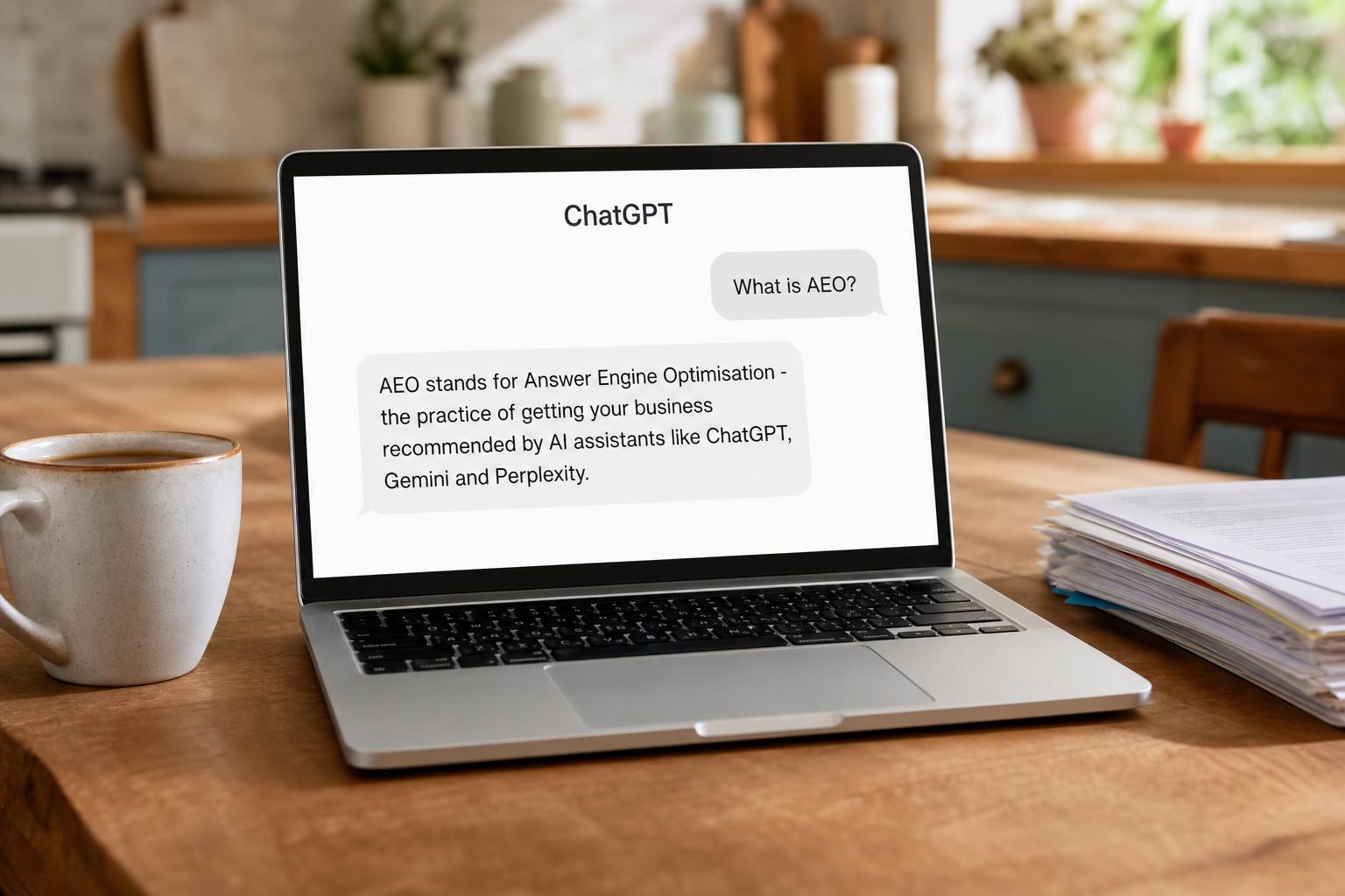 Laptop on a kitchen table showing a plain-English ChatGPT explanation of what AEO means